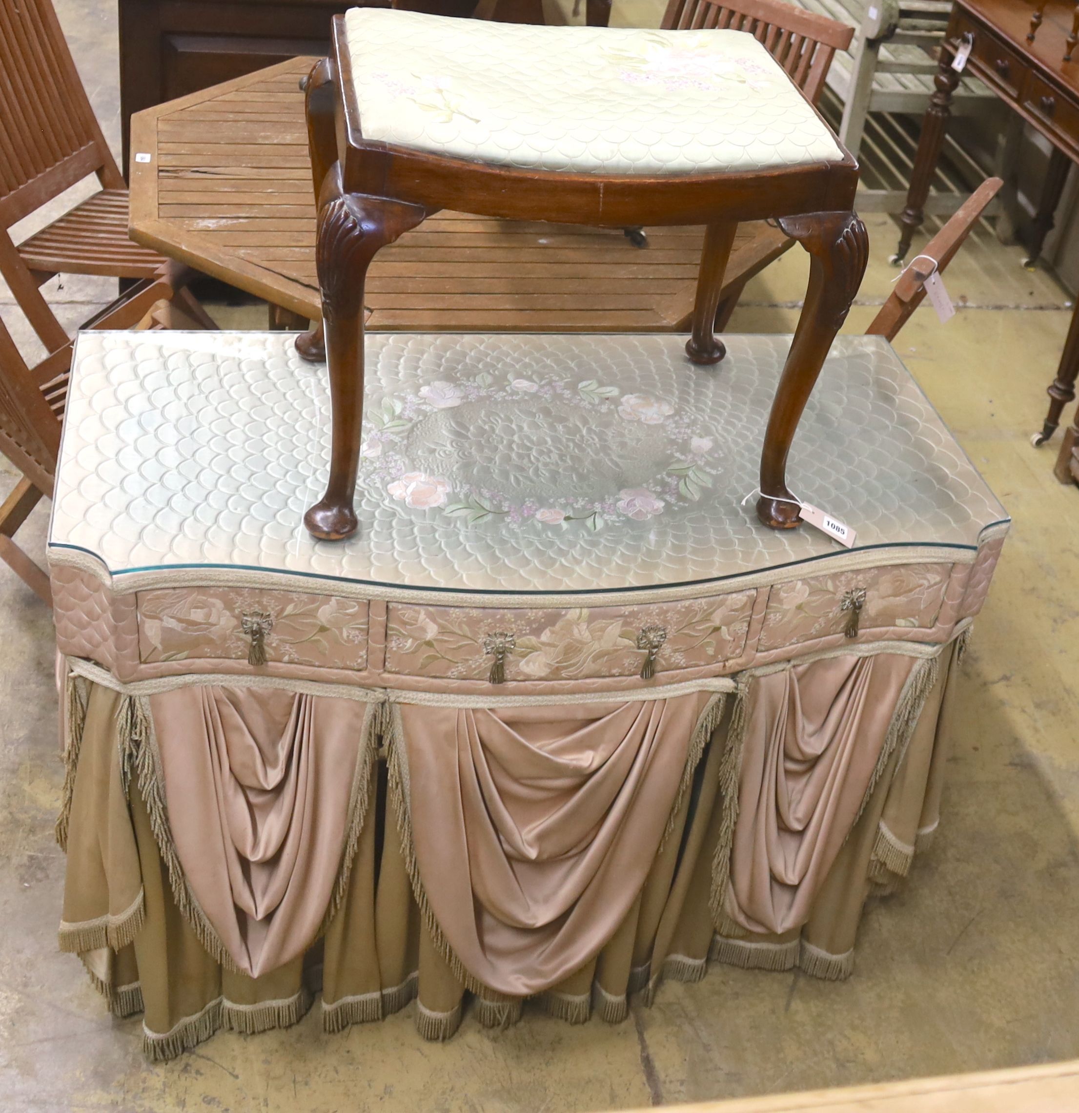 An embroidered silk mounted dressing table, width 110cm, depth 54cm, height 77cm, together with a stool